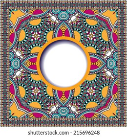 floral round pattern in ukrainian oriental ethnic style for your greeting card or invitation, template frame design for card, vintage lace doily, vector illustration