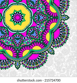 floral round pattern in ukrainian oriental ethnic style for your greeting card or invitation, template frame design for card, vintage lace doily, vector illustration