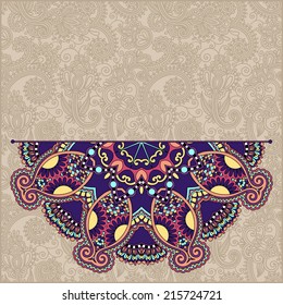 floral round pattern in ukrainian oriental ethnic style for your greeting card or invitation, template frame design for card, vintage lace doily, vector illustration