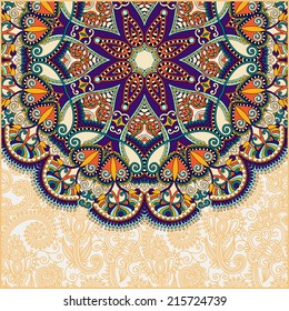 floral round pattern in ukrainian oriental ethnic style for your greeting card or invitation, template frame design for card, vintage lace doily, vector illustration