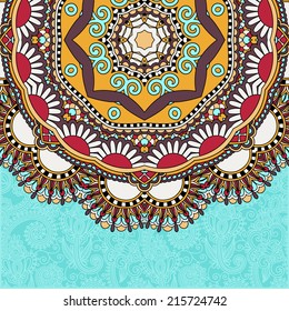 floral round pattern in ukrainian oriental ethnic style for your greeting card or invitation, template frame design for card, vintage lace doily, vector illustration