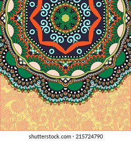 floral round pattern in ukrainian oriental ethnic style for your greeting card or invitation, template frame design for card, vintage lace doily, vector illustration