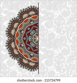 floral round pattern in ukrainian oriental ethnic style for your greeting card or invitation, template frame design for card, vintage lace doily, vector illustration