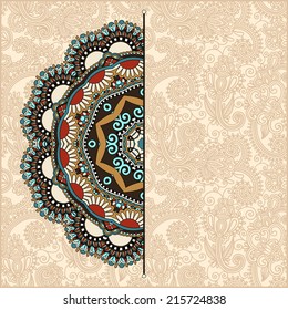 floral round pattern in ukrainian oriental ethnic style for your greeting card or invitation, template frame design for card, vintage lace doily, vector illustration