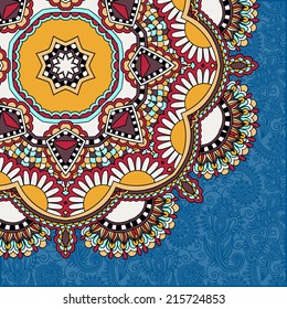 floral round pattern in ukrainian oriental ethnic style for your greeting card or invitation, template frame design for card, vintage lace doily, vector illustration