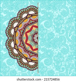 floral round pattern in ukrainian oriental ethnic style for your greeting card or invitation, template frame design for card, vintage lace doily, vector illustration