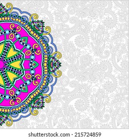 floral round pattern in ukrainian oriental ethnic style for your greeting card or invitation, template frame design for card, vintage lace doily, vector illustration
