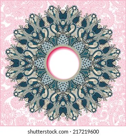 floral round pattern in ukrainian oriental ethnic style for your greeting card or invitation, template frame design for card, vintage lace doily, vector illustration