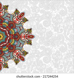 floral round pattern in ukrainian oriental ethnic style for your greeting card or invitation, template frame design for card, vintage lace doily, vector illustration