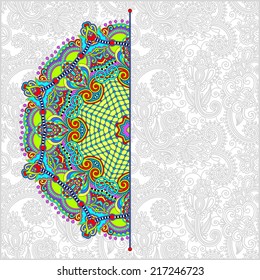 floral round pattern in ukrainian oriental ethnic style for your greeting card or invitation, template frame design for card, vintage lace doily, vector illustration