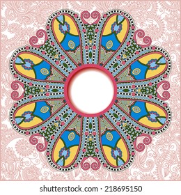floral round pattern in ukrainian oriental ethnic style for your greeting card or invitation, template frame design for card, vintage lace doily, vector illustration