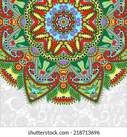 floral round pattern in ukrainian oriental ethnic style for your greeting card or invitation, template frame design for card, vintage lace doily, vector illustration