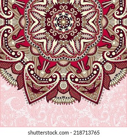 floral round pattern in ukrainian oriental ethnic style for your greeting card or invitation, template frame design for card, vintage lace doily, vector illustration