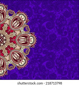 floral round pattern in ukrainian oriental ethnic style for your greeting card or invitation, template frame design for card, vintage lace doily, vector illustration