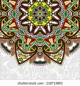 floral round pattern in ukrainian oriental ethnic style for your greeting card or invitation, template frame design for card, vintage lace doily, vector illustration