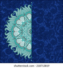 floral round pattern in ukrainian oriental ethnic style for your greeting card or invitation, template frame design for card, vintage lace doily, vector illustration