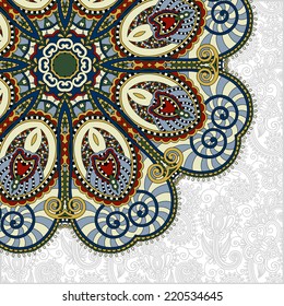 floral round pattern in ukrainian oriental ethnic style for your greeting card or invitation, template frame design for card, vintage lace doily, vector illustration