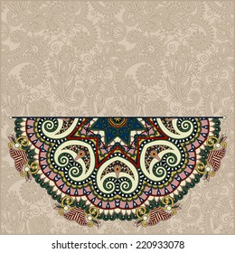 floral round pattern in ukrainian oriental ethnic style for your greeting card or invitation, template frame design for card, vintage lace doily, vector illustration