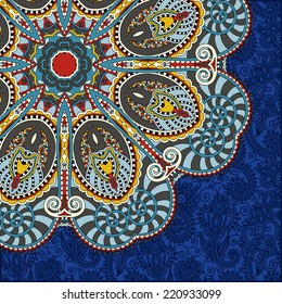 floral round pattern in ukrainian oriental ethnic style for your greeting card or invitation, template frame design for card, vintage lace doily, vector illustration