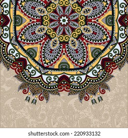 floral round pattern in ukrainian oriental ethnic style for your greeting card or invitation, template frame design for card, vintage lace doily, vector illustration