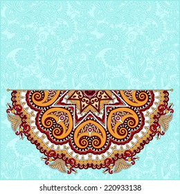 floral round pattern in ukrainian oriental ethnic style for your greeting card or invitation, template frame design for card, vintage lace doily, vector illustration