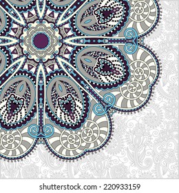 floral round pattern in ukrainian oriental ethnic style for your greeting card or invitation, template frame design for card, vintage lace doily, vector illustration