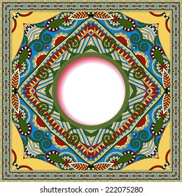 floral round pattern in ukrainian oriental ethnic style for your greeting card or invitation, template frame design for card, vintage lace doily, vector illustration