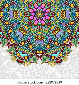 floral round pattern in ukrainian oriental ethnic style for your greeting card or invitation, template frame design for card, vintage lace doily, vector illustration