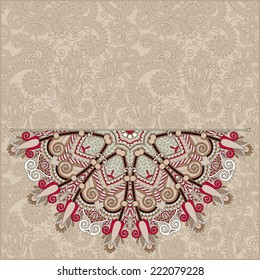 floral round pattern in ukrainian oriental ethnic style for your greeting card or invitation, template frame design for card, vintage lace doily, vector illustration