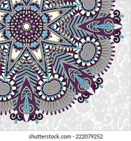 floral round pattern in ukrainian oriental ethnic style for your greeting card or invitation, template frame design for card, vintage lace doily, vector illustration