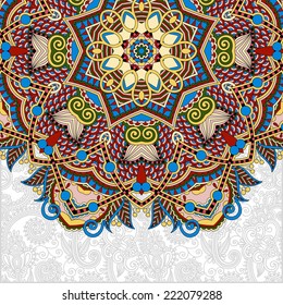 floral round pattern in ukrainian oriental ethnic style for your greeting card or invitation, template frame design for card, vintage lace doily, vector illustration