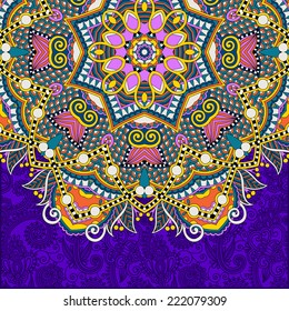 floral round pattern in ukrainian oriental ethnic style for your greeting card or invitation, template frame design for card, vintage lace doily, vector illustration