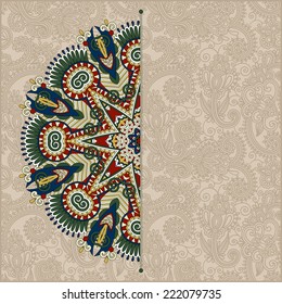 floral round pattern in ukrainian oriental ethnic style for your greeting card or invitation, template frame design for card, vintage lace doily, vector illustration