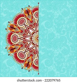 floral round pattern in ukrainian oriental ethnic style for your greeting card or invitation, template frame design for card, vintage lace doily, vector illustration