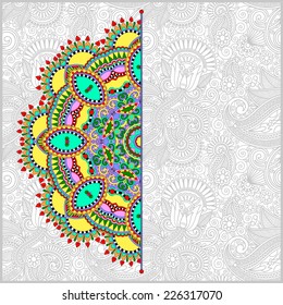 floral round pattern in ukrainian oriental ethnic style for your greeting card or invitation, template frame design for card, vintage lace doily, vector illustration