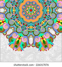 floral round pattern in ukrainian oriental ethnic style for your greeting card or invitation, template frame design for card, vintage lace doily, vector illustration
