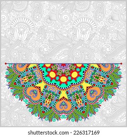 floral round pattern in ukrainian oriental ethnic style for your greeting card or invitation, template frame design for card, vintage lace doily, vector illustration