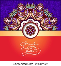 floral round pattern in ukrainian oriental ethnic violet style for your greeting card or invitation, template frame design for card, vintage lace doily, vector illustration