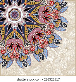 floral round pattern in ukrainian oriental ethnic style for your greeting card or invitation, template frame design for card, vintage lace doily, vector illustration