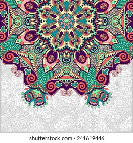 floral round pattern in ukrainian oriental ethnic style for your greeting card or invitation, template frame design for card, vintage lace doily, vector illustration