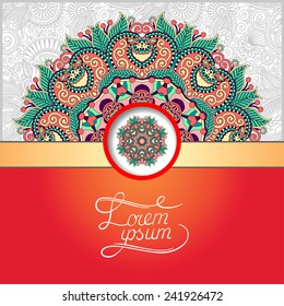 floral round pattern in ukrainian oriental ethnic style for your greeting card or invitation, template frame design for card, vintage lace doily, vector illustration