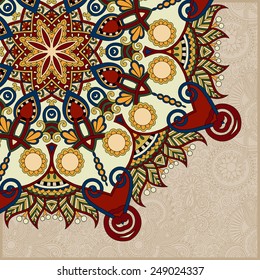 floral round pattern in ukrainian oriental ethnic style for your greeting card or invitation, template frame design for card in beige colour, vector illustration