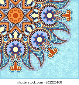 floral round pattern in ukrainian oriental ethnic style for your greeting card or invitation, template frame design for card, vintage lace doily in blue color