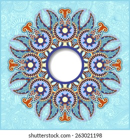 floral round pattern in ukrainian oriental ethnic style for your greeting card or invitation, template frame design for card, vintage lace doily in blue color
