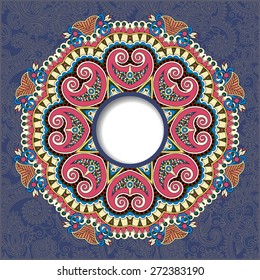 floral round pattern in ukrainian oriental ethnic style for your greeting card or invitation, template frame design for card, vintage lace doily, vector illustration on dirty dark blue