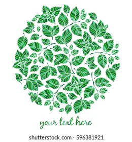 floral round pattern wreath  natural design with leaves. Spring summer design for invitation, wedding or greeting cards. White silhouette, mint green background. Vector