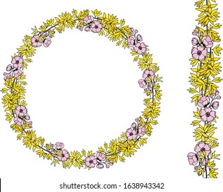 Floral round seamless wreath with Forsythia and apple blossom. Yellow and pink flowers isolated on white background. Vector illustration for festive design, announcements, postcards, invitations.