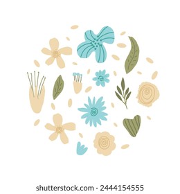 Floral round shape. Hand drawn flowers circle composition. Botanical nature summer elements round emblem in doodle style. Modern plant shapes. Vector illustration isolated on white background.