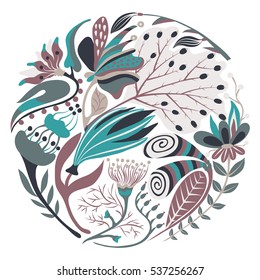 Floral round shape. Hand drawn creative flower in circle. Colorful artistic background with blossom. Abstract herb. It can be used for wallpaper, textiles, wrapping, card. Vector illustration, eps10