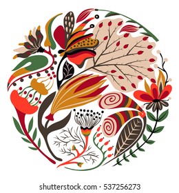 Floral round shape. Hand drawn creative flower in circle. Colorful artistic background with blossom. Abstract herb. It can be used for wallpaper, textiles, wrapping, card. Vector illustration, eps10